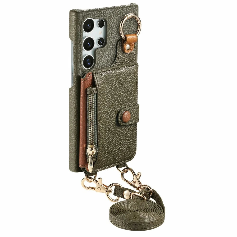 For Samsung Galaxy S26 Ultra Leather Phone Back Cover Zipper Card Holder Kickstand with Mirror and Long Strap - Green - 4
