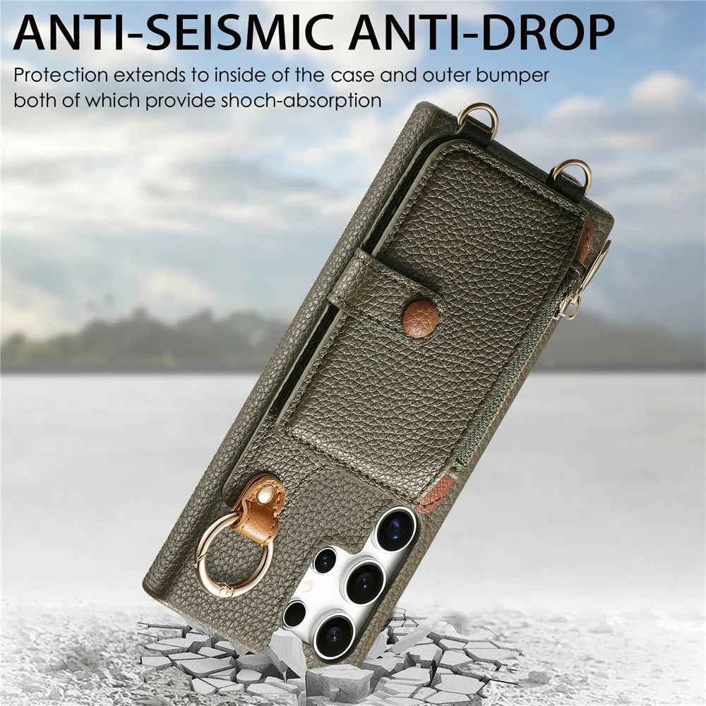 For Samsung Galaxy S26 Ultra Leather Phone Back Cover Zipper Card Holder Kickstand with Mirror and Long Strap - Green - 5