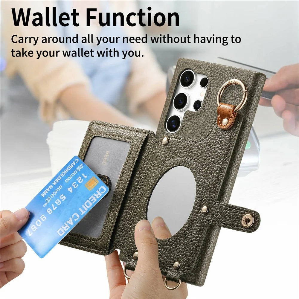 For Samsung Galaxy S26 Ultra Leather Phone Back Cover Zipper Card Holder Kickstand with Mirror and Long Strap - Green - 6