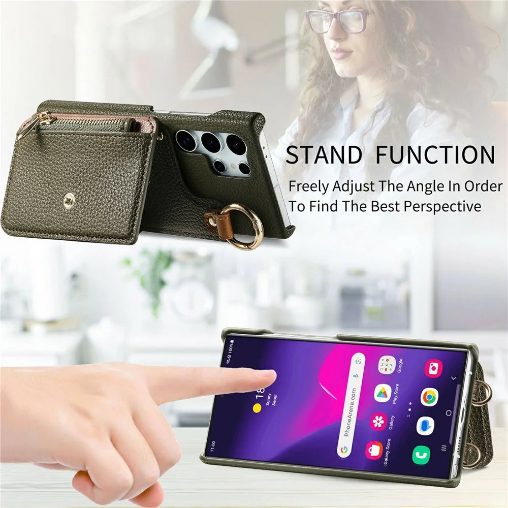 For Samsung Galaxy S26 Ultra Leather Phone Back Cover Zipper Card Holder Kickstand with Mirror and Long Strap - Green - 7