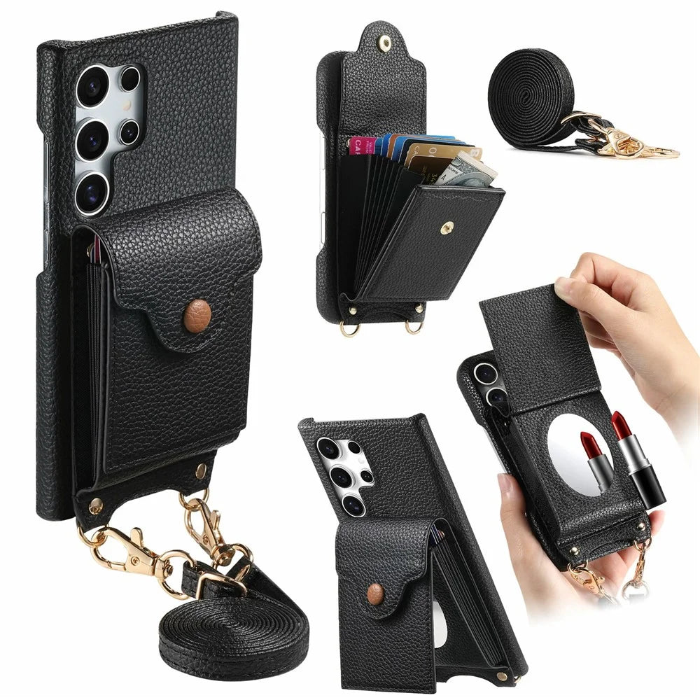 For Samsung Galaxy S26 Ultra Case Mirror Card Holder Litchi Texture Leather Phone Back Cover with Long Strap - Black - 1