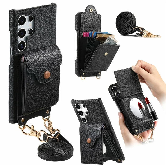 For Samsung Galaxy S26 Ultra Case Mirror Card Holder Litchi Texture Leather Phone Back Cover with Long Strap - Black - 1