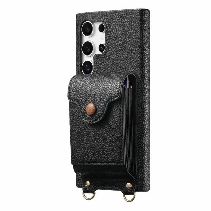 For Samsung Galaxy S26 Ultra Case Mirror Card Holder Litchi Texture Leather Phone Back Cover with Long Strap - Black - 2