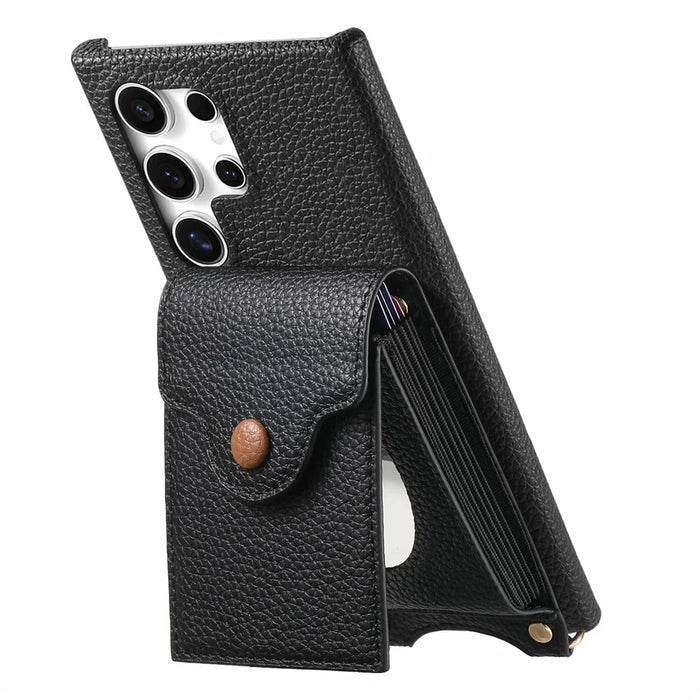 For Samsung Galaxy S26 Ultra Case Mirror Card Holder Litchi Texture Leather Phone Back Cover with Long Strap - Black - 3