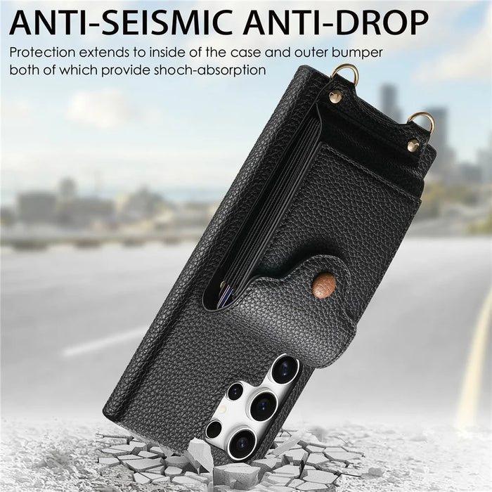 For Samsung Galaxy S26 Ultra Case Mirror Card Holder Litchi Texture Leather Phone Back Cover with Long Strap - Black - 4