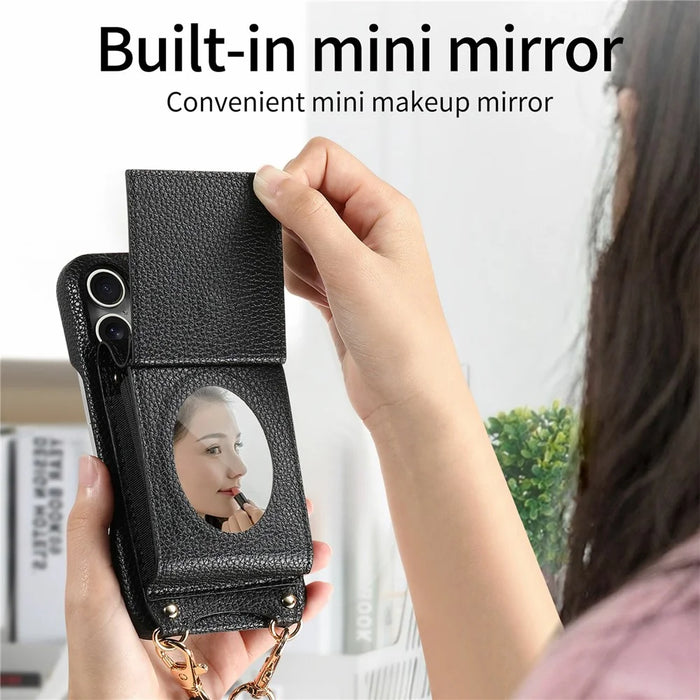 For Samsung Galaxy S26 Ultra Case Mirror Card Holder Litchi Texture Leather Phone Back Cover with Long Strap - Black - 5