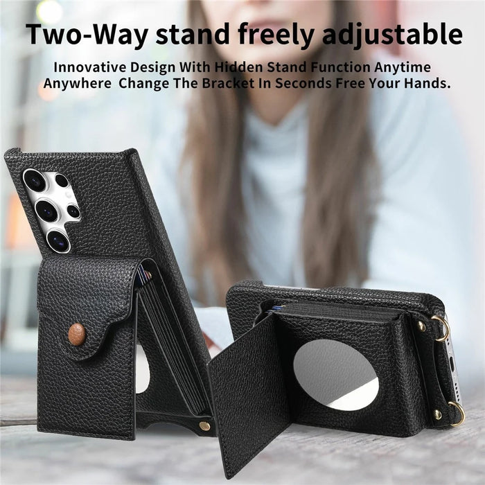 For Samsung Galaxy S26 Ultra Case Mirror Card Holder Litchi Texture Leather Phone Back Cover with Long Strap - Black - 7