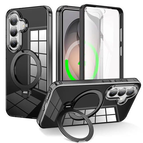 For Samsung Galaxy S26 Phone Case with Screen Protector Magnetic Metal Ring Kickstand Soft-touch TPU + PC Cover - Black - 1