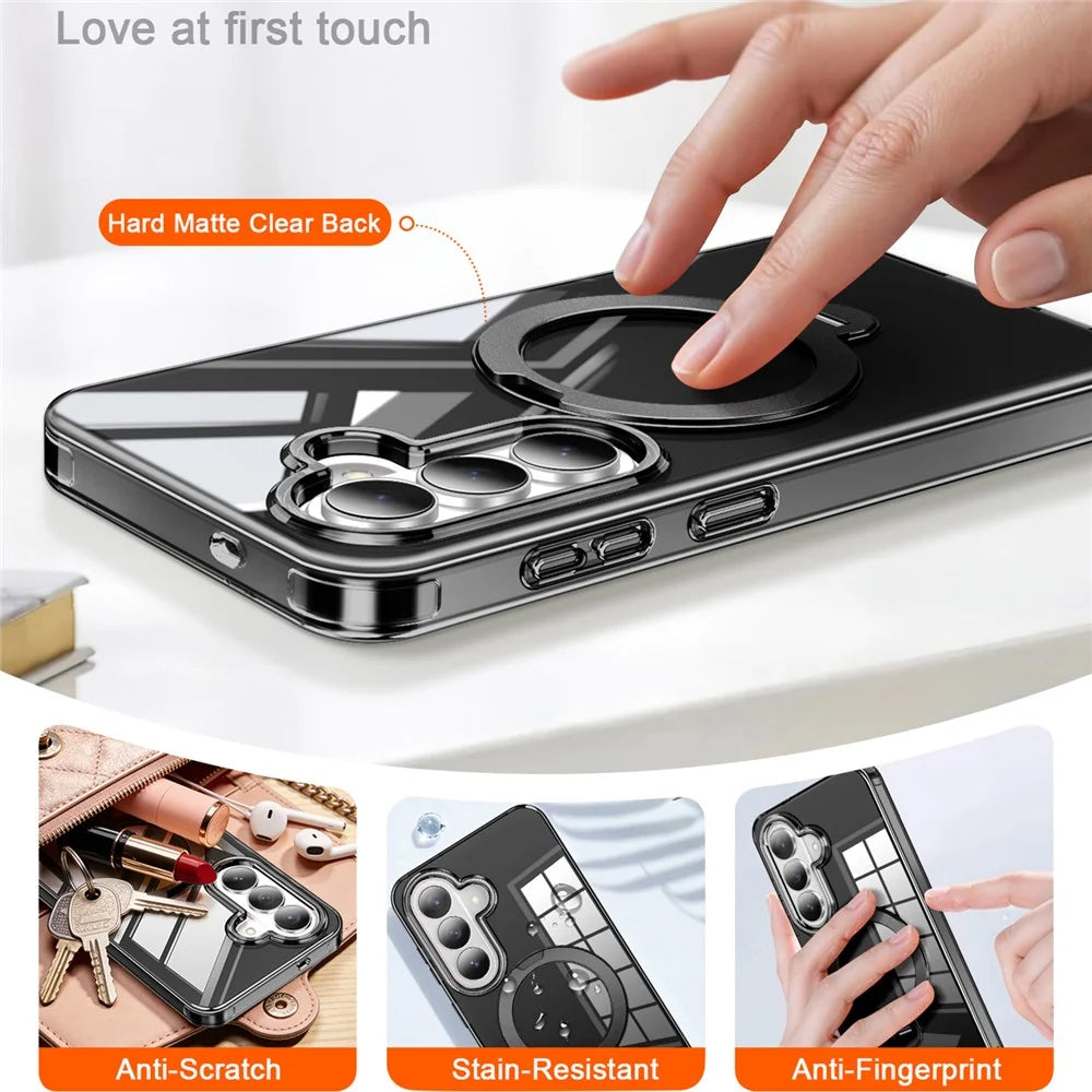 For Samsung Galaxy S26 Phone Case with Screen Protector Magnetic Metal Ring Kickstand Soft-touch TPU + PC Cover - Black - 4