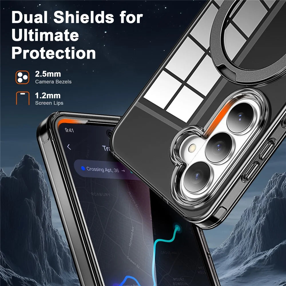 For Samsung Galaxy S26 Phone Case with Screen Protector Magnetic Metal Ring Kickstand Soft-touch TPU + PC Cover - Black - 5