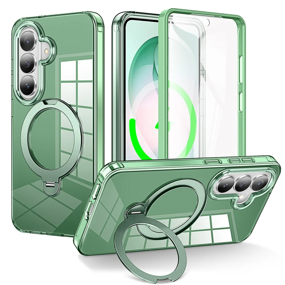 For Samsung Galaxy S26+ Phone Case with Screen Protector Magnetic Metal Ring Kickstand Soft-touch TPU + PC Cover - Green - 1