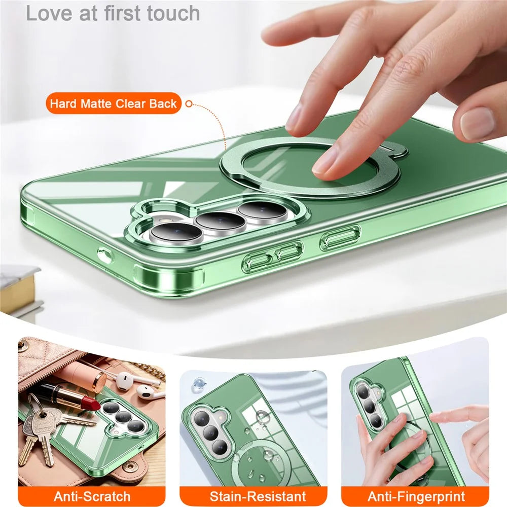 For Samsung Galaxy S26+ Phone Case with Screen Protector Magnetic Metal Ring Kickstand Soft-touch TPU + PC Cover - Green - 4