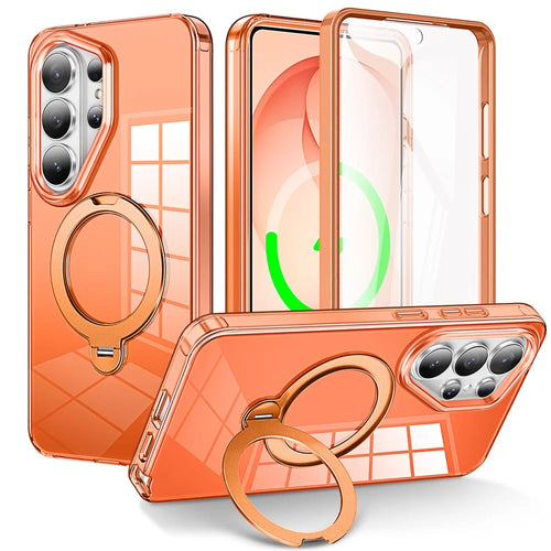 For Samsung Galaxy S26 Ultra Phone Case with Screen Protector Magnetic Metal Ring Kickstand Soft-touch TPU + PC Cover - Orange - 1