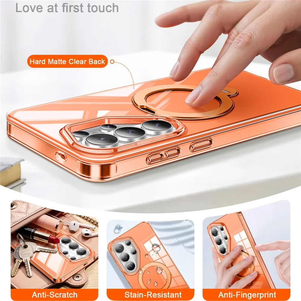 For Samsung Galaxy S26 Ultra Phone Case with Screen Protector Magnetic Metal Ring Kickstand Soft-touch TPU + PC Cover - Orange - 4