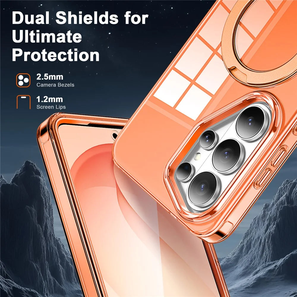 For Samsung Galaxy S26 Ultra Phone Case with Screen Protector Magnetic Metal Ring Kickstand Soft-touch TPU + PC Cover - Orange - 5