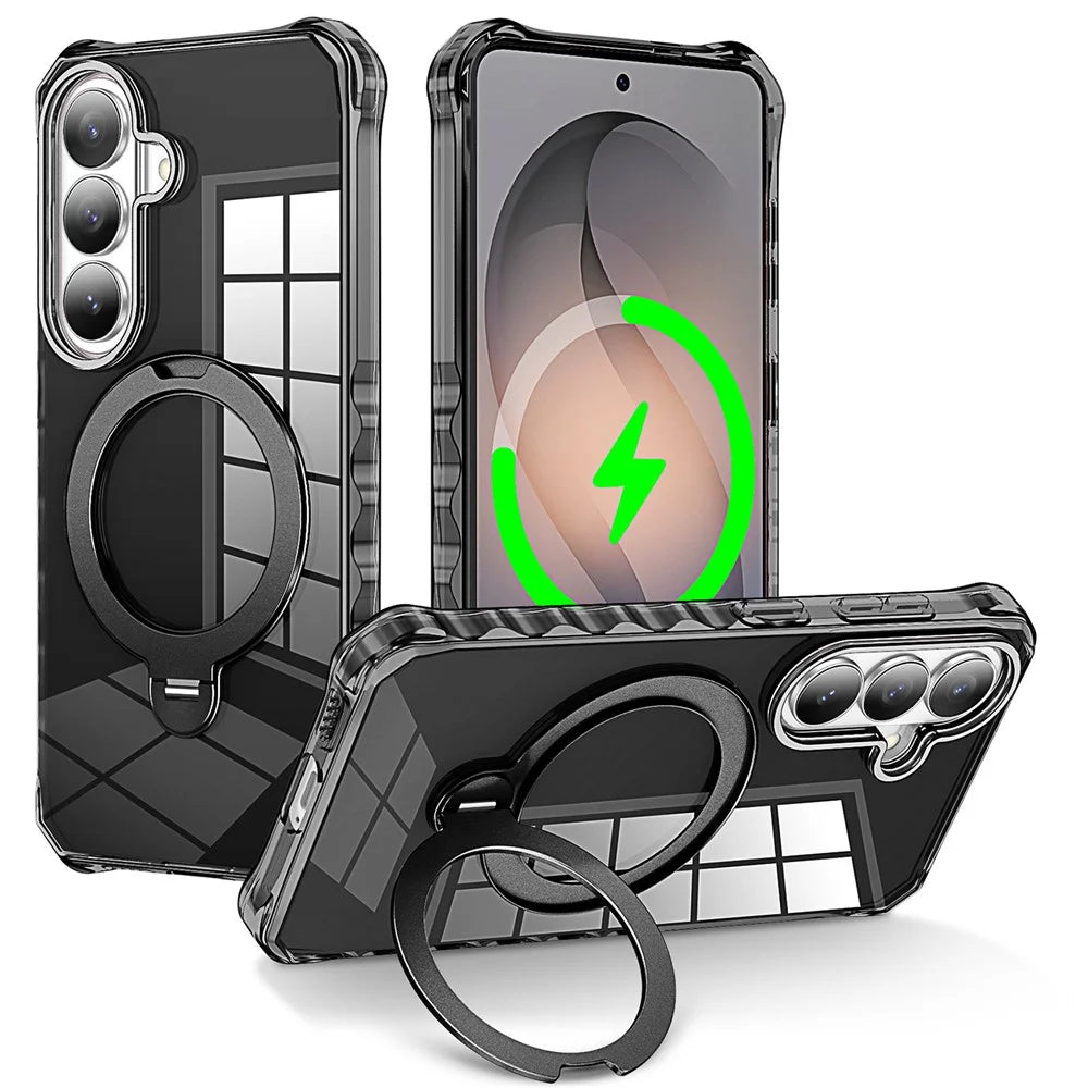 For Samsung Galaxy S26 Phone Case Magnetic Metal Ring Kickstand Soft-touch TPU + PC Cover - Black - 1