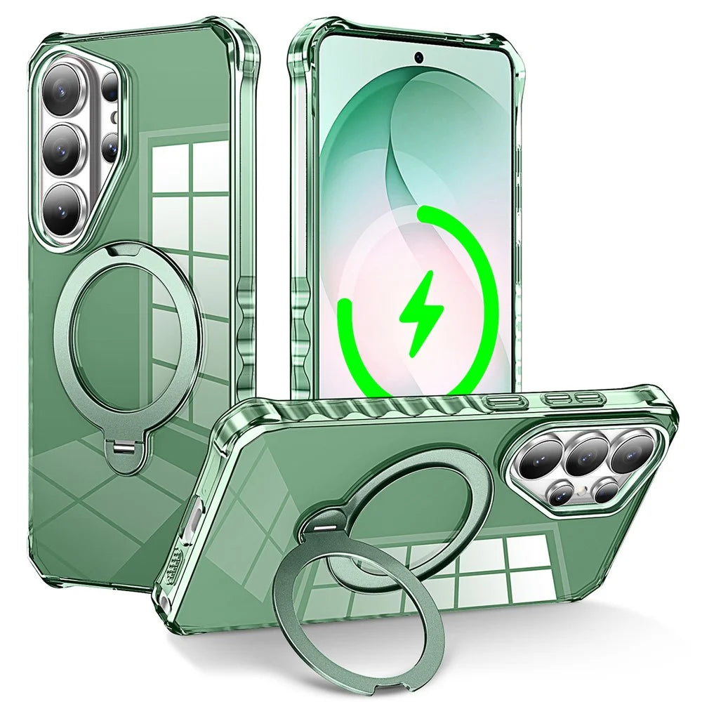 For Samsung Galaxy S26 Ultra Phone Case Magnetic Metal Ring Kickstand Soft-touch TPU + PC Cover - Green - 1