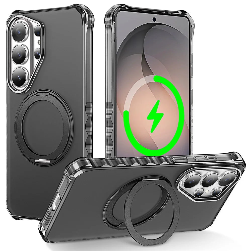 For Samsung Galaxy S26 Ultra Matte Phone Case Magnetic Metal Ring Kickstand Soft-touch TPU + PC Cover - Black - 1