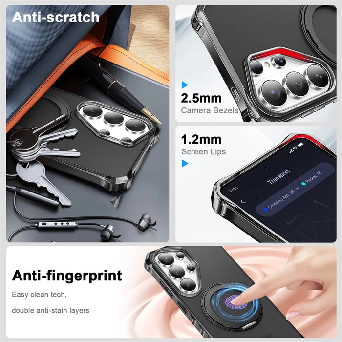 For Samsung Galaxy S26 Ultra Matte Phone Case Magnetic Metal Ring Kickstand Soft-touch TPU + PC Cover - Black - 4