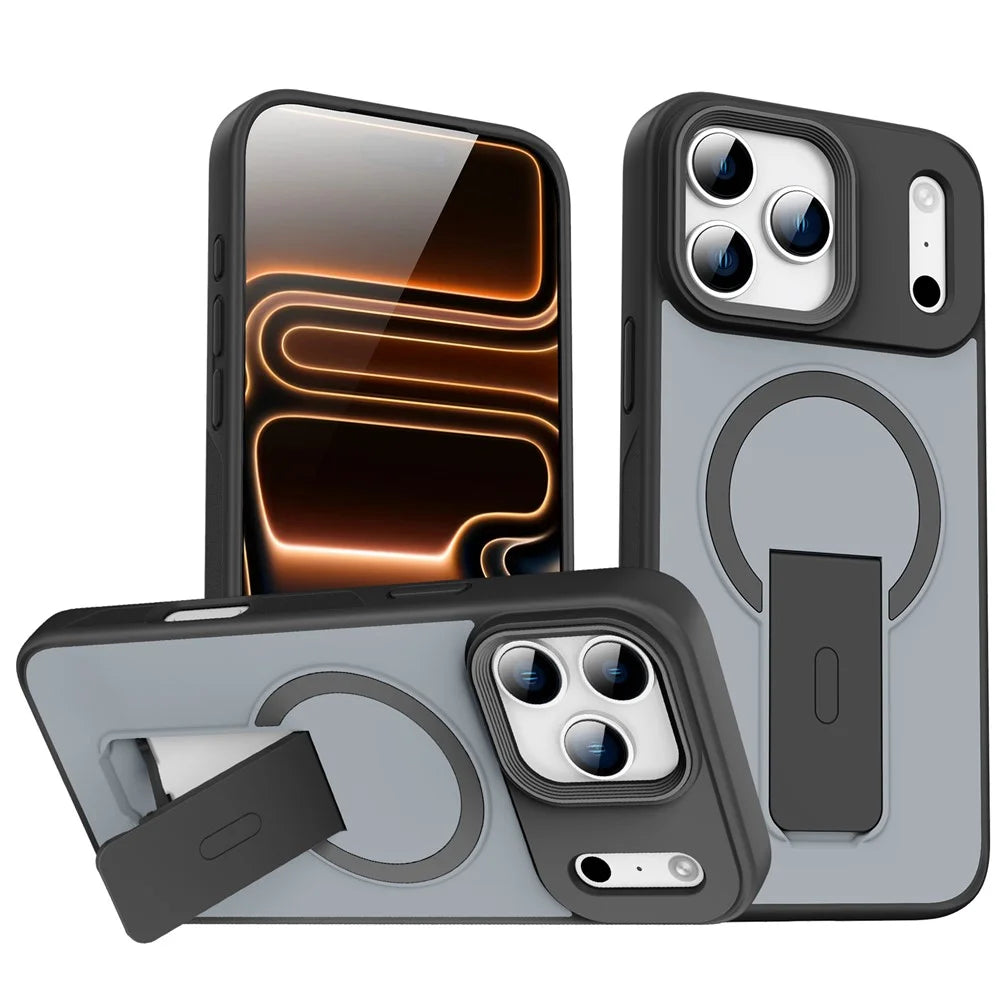 For iPhone 17 Pro Magnetic Case with Hidden Kickstand Shockproof TPU + PC Cover Compatible with MagSafe - Black - 1