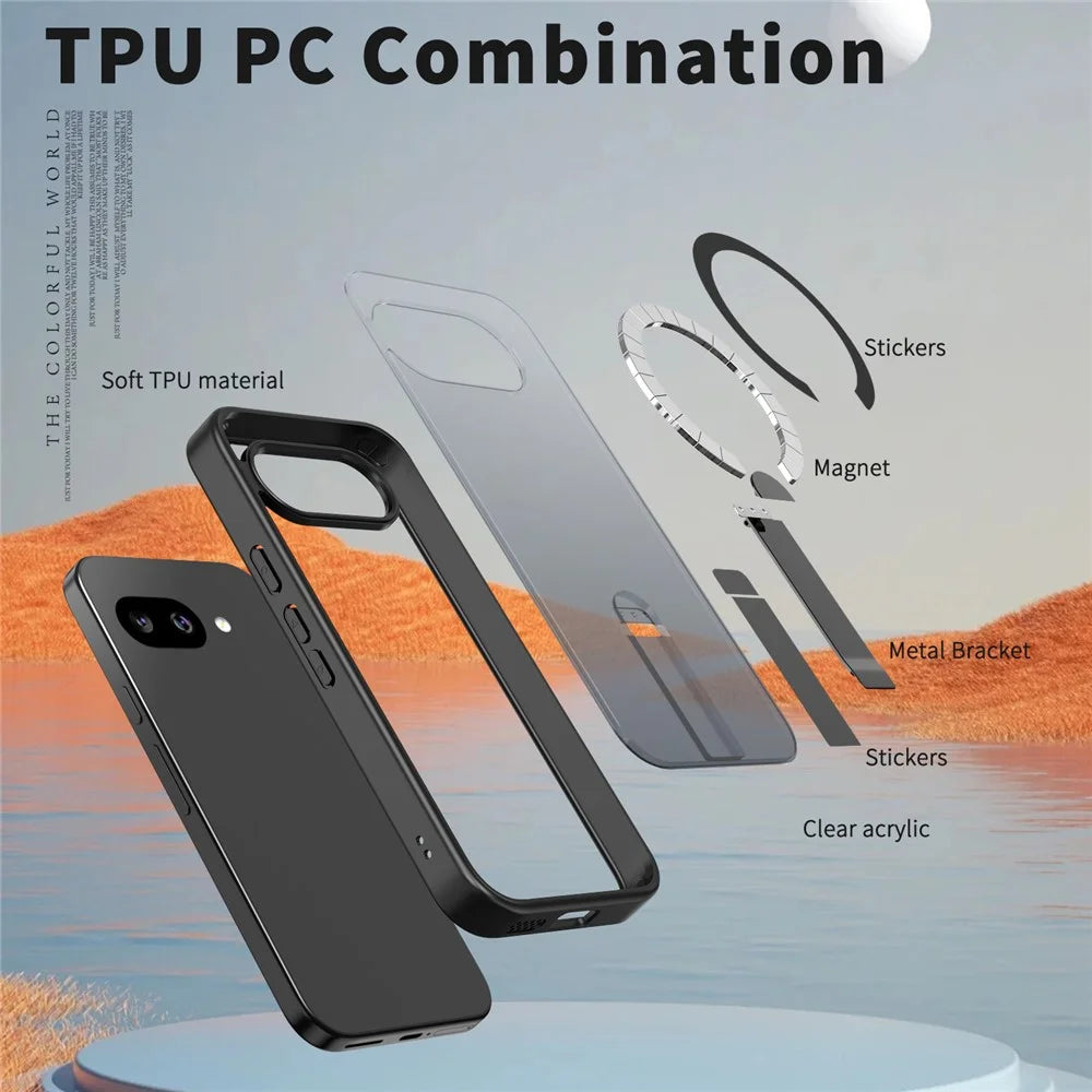 For Google Pixel 10a Magnetic Case Kickstand TPU + Acrylic Phone Cover - Black - 6