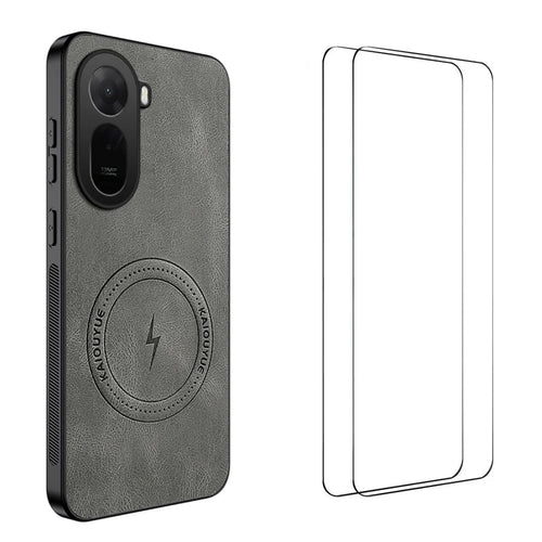 WANLONFENG For Xiaomi Poco C85x 5G / Redmi A7 Pro 4G (171.56mm) SD Series Magnetic Case Nappa Texture PC TPU Phone Cover with 2Pcs Screen Film - Grey - 1