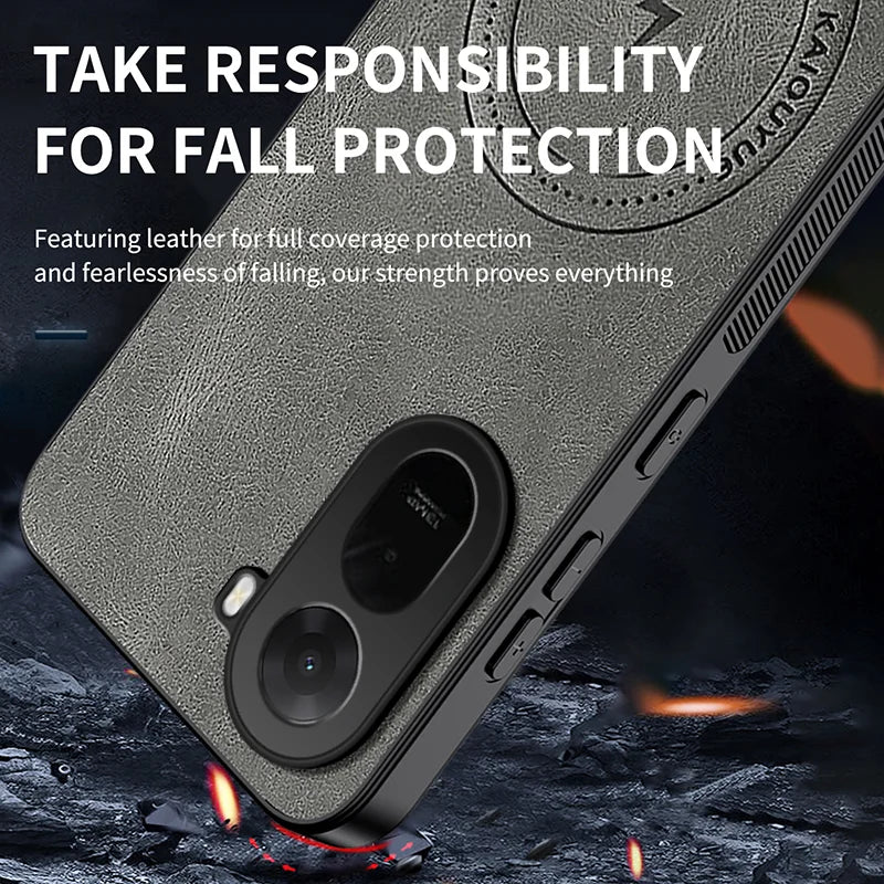 WANLONFENG For Xiaomi Poco C85x 5G / Redmi A7 Pro 4G (171.56mm) SD Series Magnetic Case Nappa Texture PC TPU Phone Cover with 2Pcs Screen Film - Grey - 4