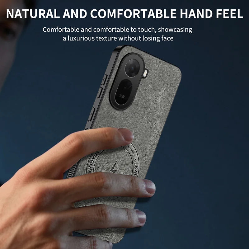 WANLONFENG For Xiaomi Poco C85x 5G / Redmi A7 Pro 4G (171.56mm) SD Series Magnetic Case Nappa Texture PC TPU Phone Cover with 2Pcs Screen Film - Grey - 5