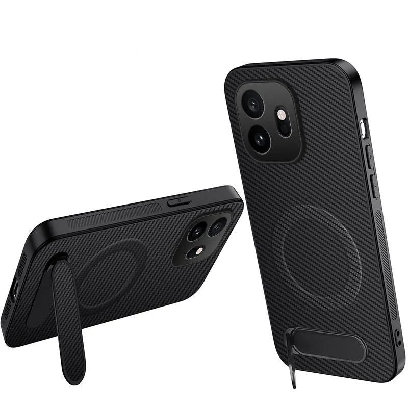 WANLONFENG For OnePlus 15T 5G QT Series Magnetic Case Kickstand Carbon Fiber Texture PC TPU Phone Cover - Black - 1