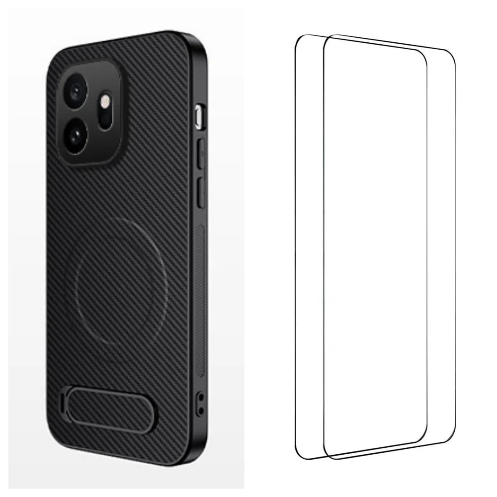 WANLONFENG For OnePlus 15T 5G QT1 Series Magnetic Case with 2Pcs Tempered Glass Films Kickstand Carbon Fiber Texture PC TPU Phone Cover - Black - 1