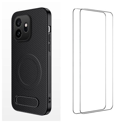 WANLONFENG For OnePlus 15T 5G QT1 Series Magnetic Case with 2Pcs Tempered Glass Films Kickstand Carbon Fiber Texture PC TPU Phone Cover - Black - 1