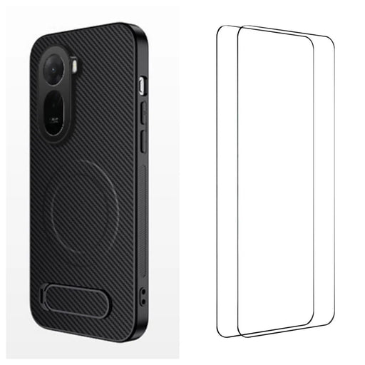 WANLONFENG For Xiaomi Poco C85x 5G / Redmi A7 Pro 4G (171.56mm) QT1 Series Magnetic Case with 2Pcs Tempered Glass Films Kickstand Carbon Fiber Texture PC TPU Phone Cover - Black - 1