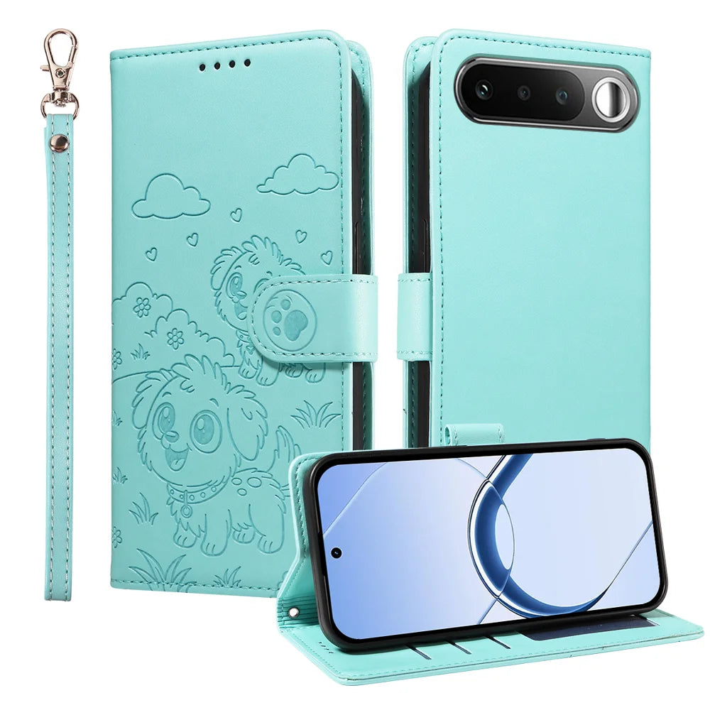 For Realme 16 5G Case RFID Blocking Imprinted Dog Pattern PU Leather Phone Cover with Wrist Strap - Green - 1