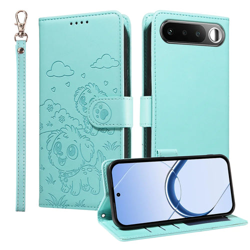 For Realme 16 5G Case RFID Blocking Imprinted Dog Pattern PU Leather Phone Cover with Wrist Strap - Green - 1