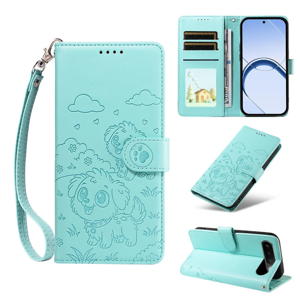 For Realme 16 5G Case RFID Blocking Imprinted Dog Pattern PU Leather Phone Cover with Wrist Strap - Green - 2