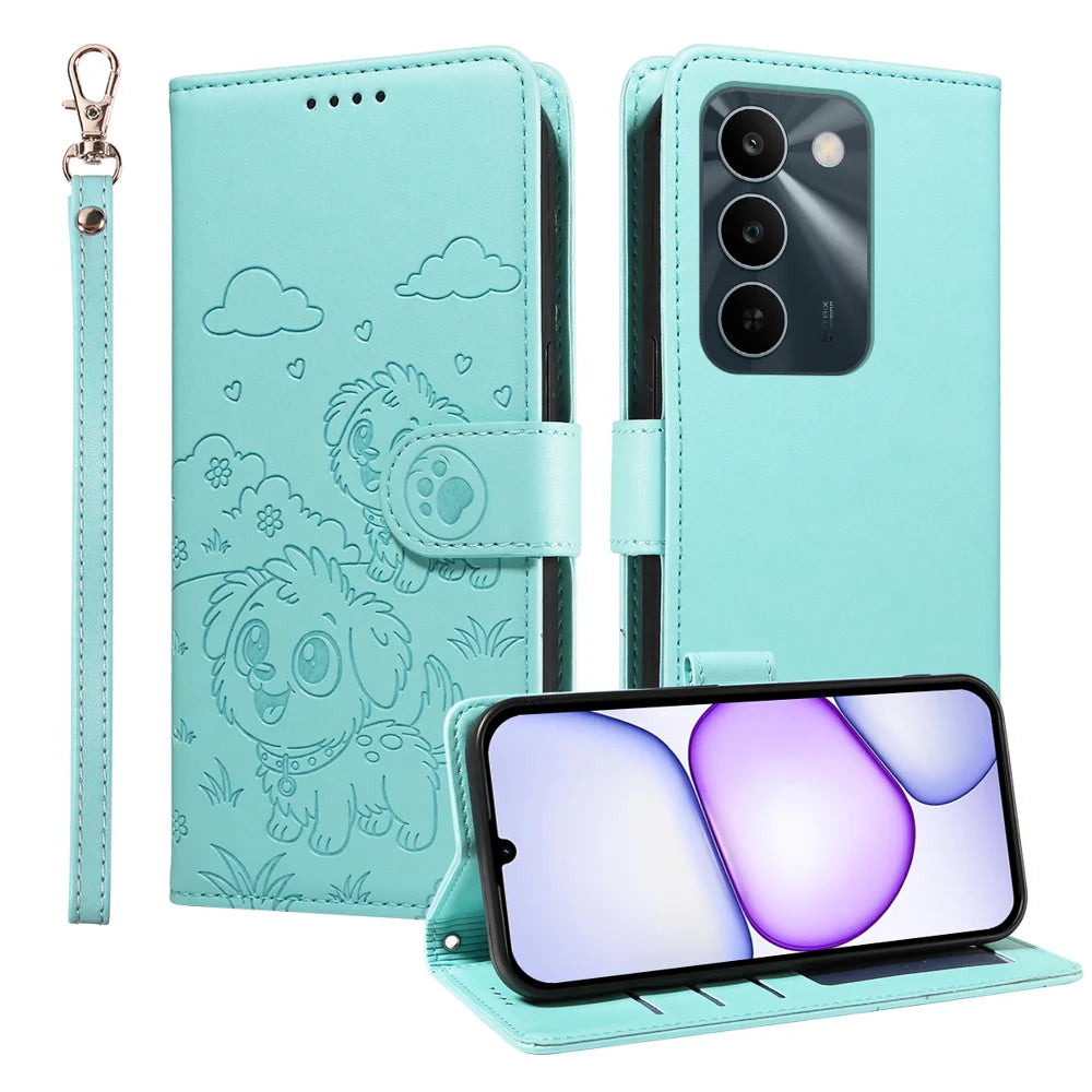 PU Leather Case For Realme C100 5G / P4 Lite 5G / C83 5G / C85 5G / 15x (India) 5G RFID Blocking Imprinted Dog Pattern Phone Cover with Wrist Strap - Green - 1