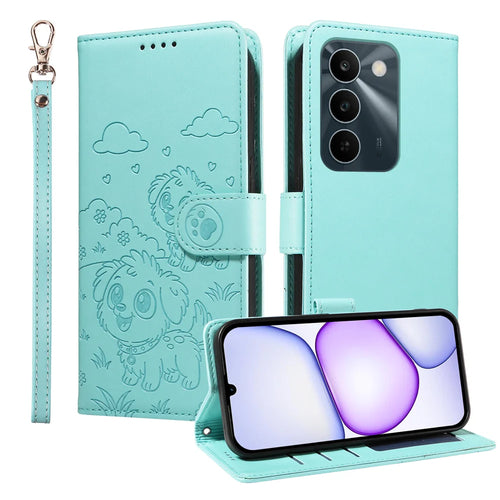 PU Leather Case For Realme C100 5G / P4 Lite 5G / C83 5G / C85 5G / 15x (India) 5G RFID Blocking Imprinted Dog Pattern Phone Cover with Wrist Strap - Green - 1