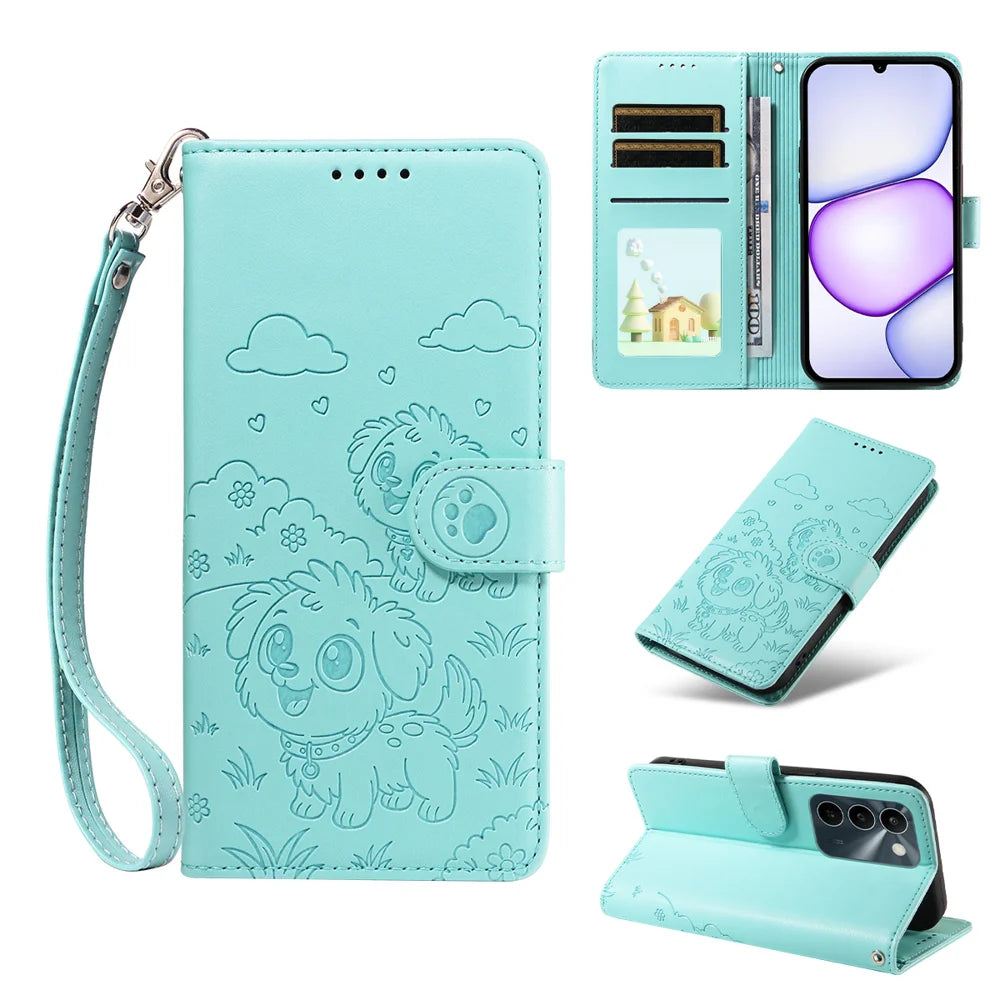 PU Leather Case For Realme C100 5G / P4 Lite 5G / C83 5G / C85 5G / 15x (India) 5G RFID Blocking Imprinted Dog Pattern Phone Cover with Wrist Strap - Green - 2
