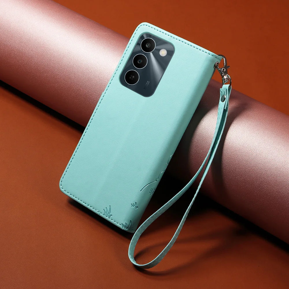 PU Leather Case For Realme C100 5G / P4 Lite 5G / C83 5G / C85 5G / 15x (India) 5G RFID Blocking Imprinted Dog Pattern Phone Cover with Wrist Strap - Green - 3