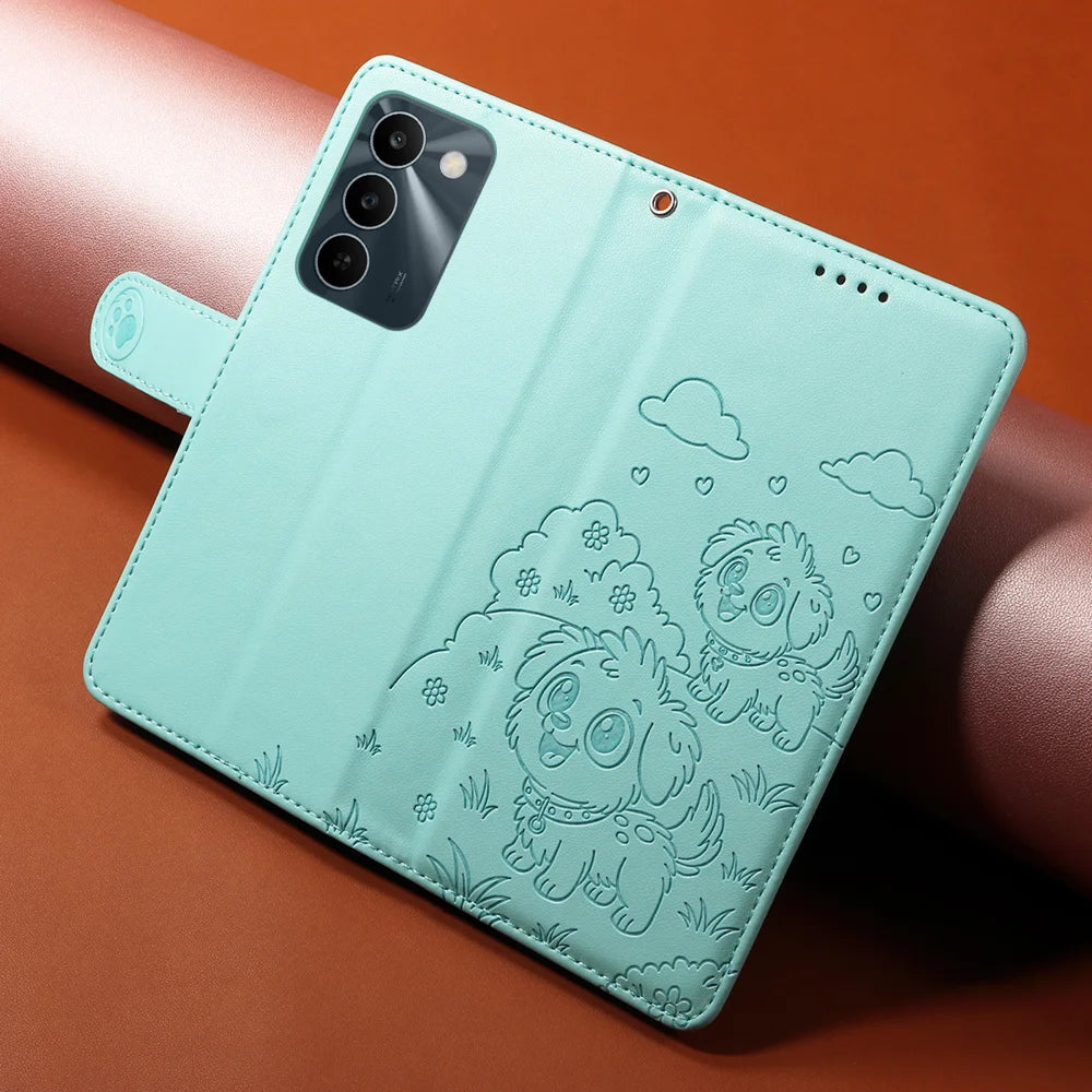 PU Leather Case For Realme C100 5G / P4 Lite 5G / C83 5G / C85 5G / 15x (India) 5G RFID Blocking Imprinted Dog Pattern Phone Cover with Wrist Strap - Green - 4