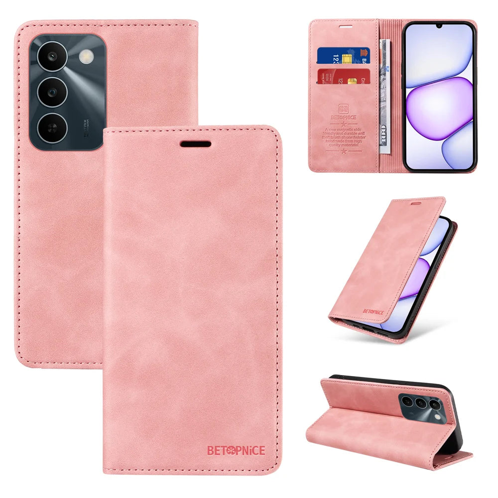 BETOPNICE Magnetic Closure Case For Realme C100 5G / P4 Lite 5G / C83 5G / C85 5G / 15x (India) 5G RFID Blocking Imprinted Dog Pattern Phone Cover with Wrist Strap RFID Blocking Wallet Stand Leather Phone Cover - Pink - 3
