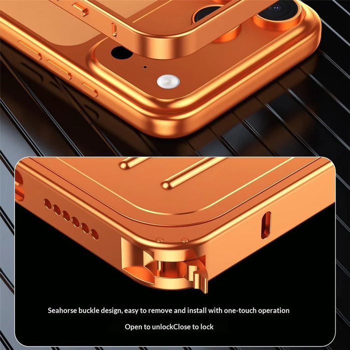 For iPhone 17 Pro Max Case Seahorse Buckle Luggage Design Aluminum Alloy Phone Cover - Orange - 6