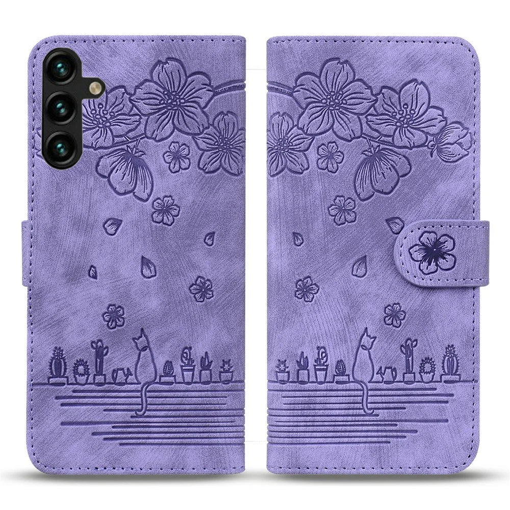 For Samsung Galaxy A37 5G Case Cherry Blossom Cat Imprinted Leather Phone Cover with Wrist Strap - Purple - 1
