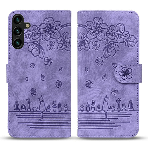 For Samsung Galaxy A37 5G Case Cherry Blossom Cat Imprinted Leather Phone Cover with Wrist Strap - Purple - 1