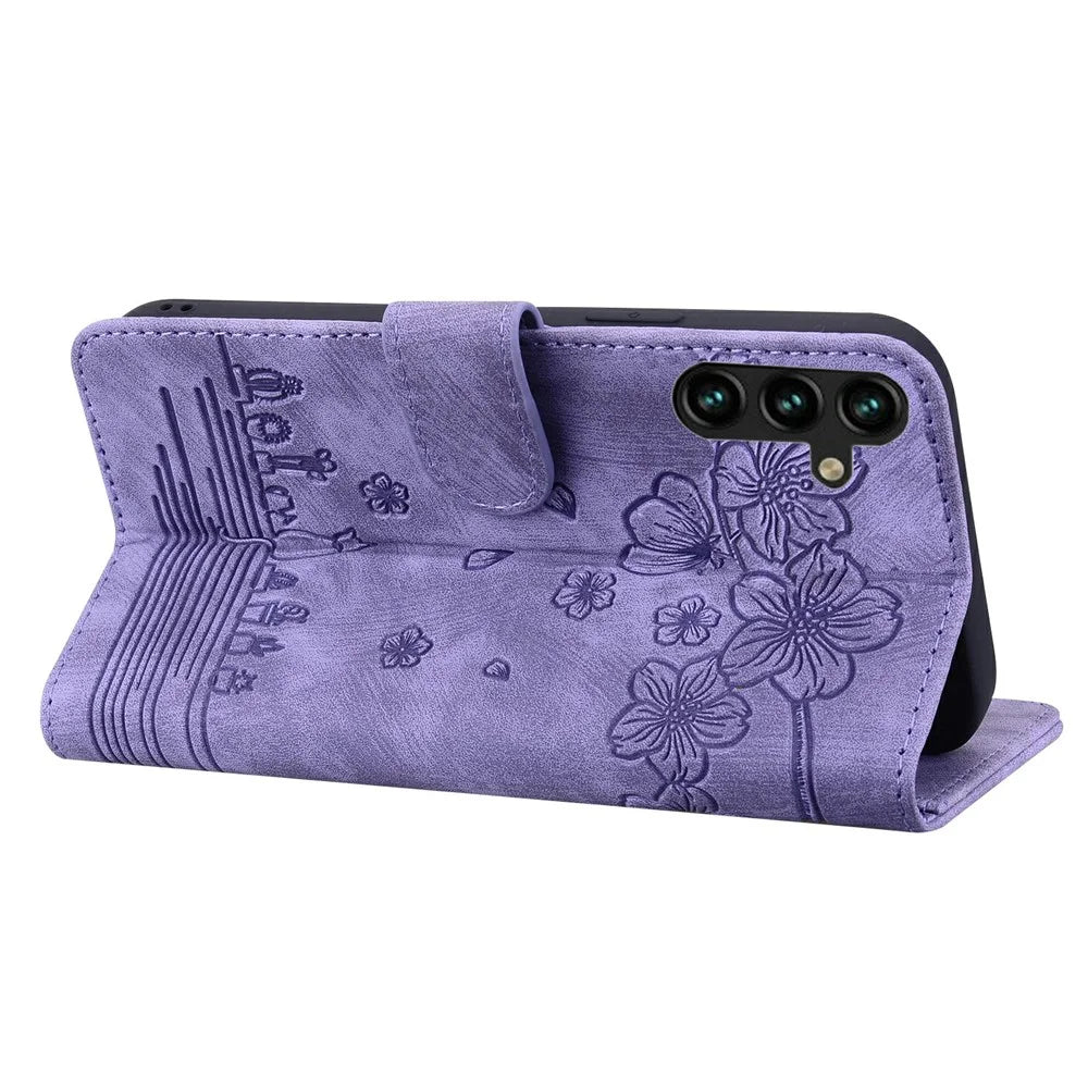For Samsung Galaxy A37 5G Case Cherry Blossom Cat Imprinted Leather Phone Cover with Wrist Strap - Purple - 3