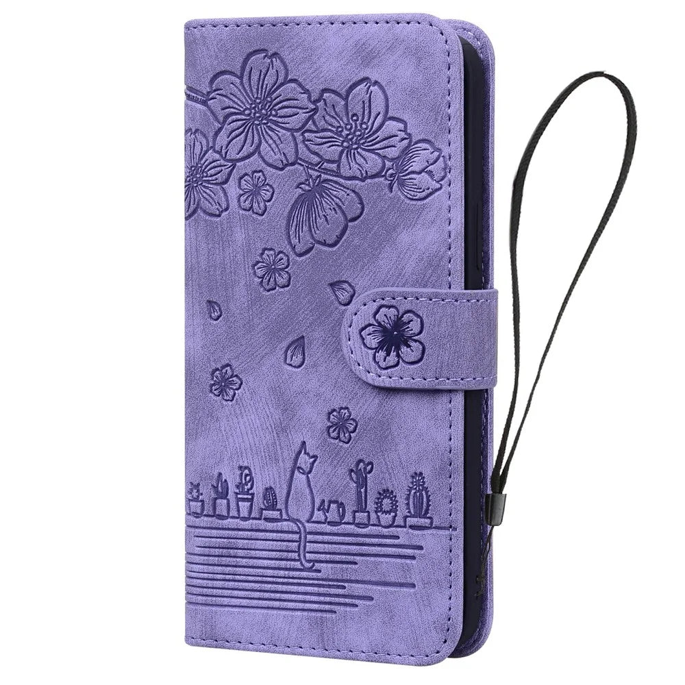 For Samsung Galaxy A37 5G Case Cherry Blossom Cat Imprinted Leather Phone Cover with Wrist Strap - Purple - 5