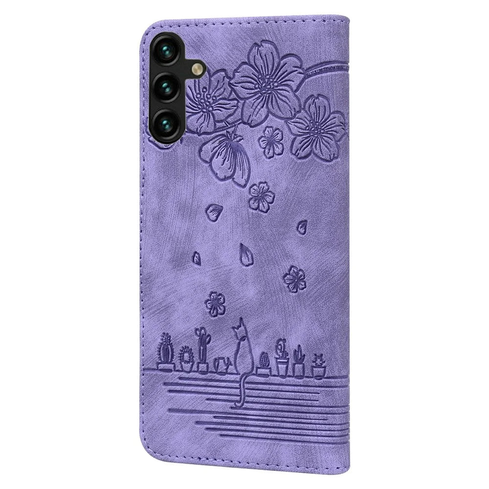For Samsung Galaxy A37 5G Case Cherry Blossom Cat Imprinted Leather Phone Cover with Wrist Strap - Purple - 6