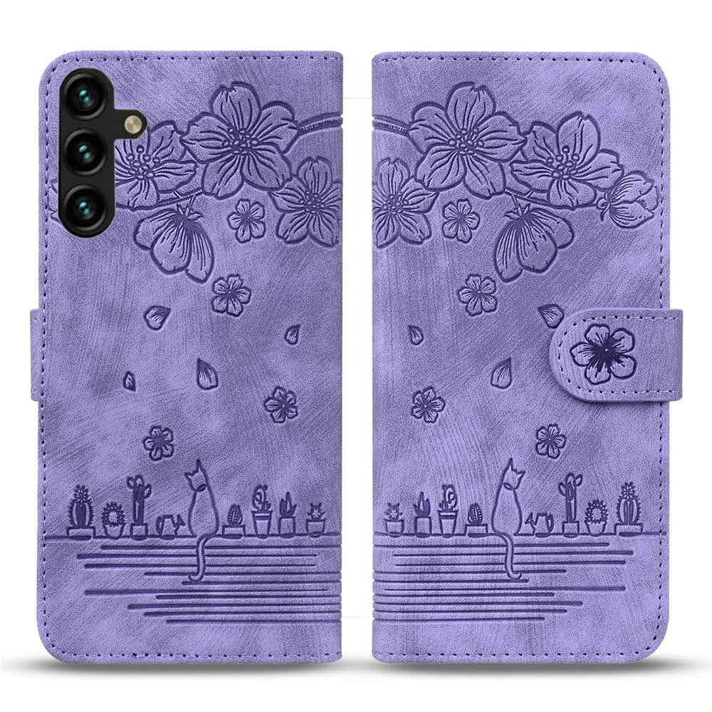 For Samsung Galaxy A57 5G Case Cherry Blossom Cat Imprinted Leather Phone Cover with Wrist Strap - Purple - 1
