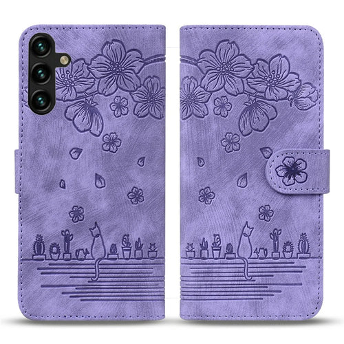 For Samsung Galaxy A57 5G Case Cherry Blossom Cat Imprinted Leather Phone Cover with Wrist Strap - Purple - 1