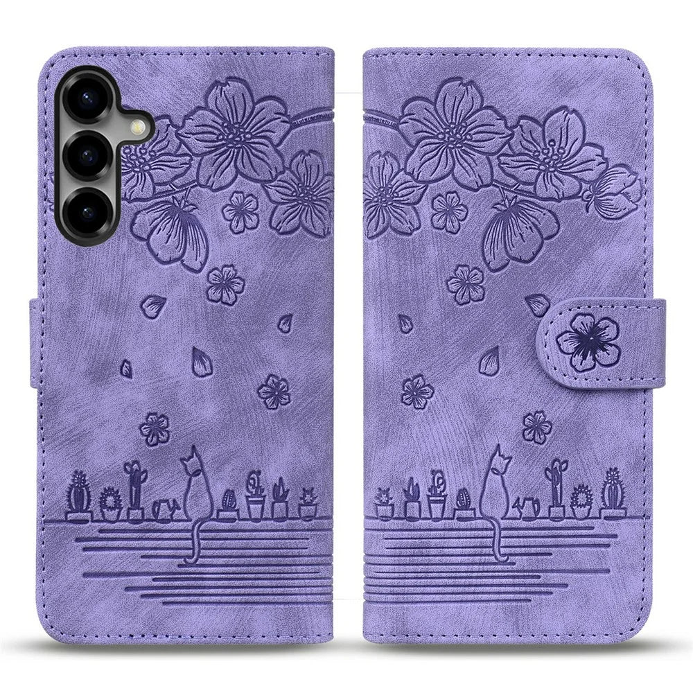For Samsung Galaxy S26+ Case Cherry Blossom Cat Imprinted Leather Phone Cover with Wrist Strap - Purple - 1